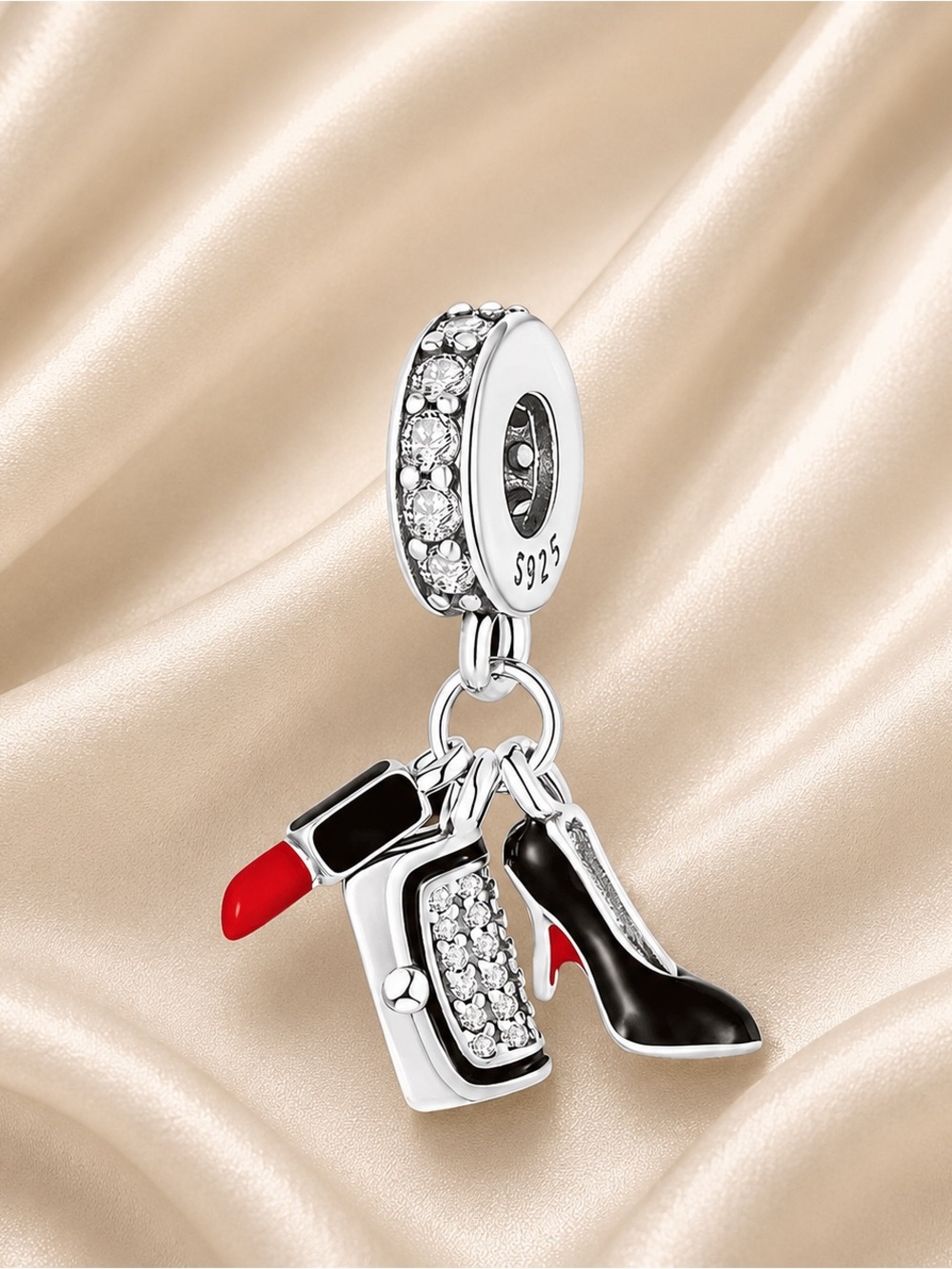 Sterling Silver Charm Dangle with Lipstick, Purse & Heel - Red & Black